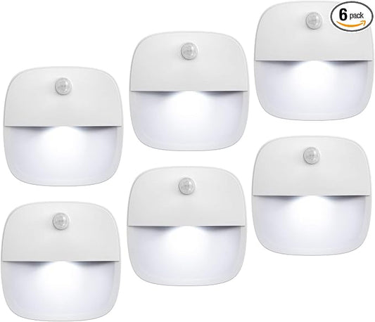 AMIR Upgraded Motion Sensor Stair Light Indoor (White - Pack of 6) | Battery Operated, Cordless Stick-On LED Night Light for Closet, Hallway, Bathroom, Kitchen, Cabinet, Energy Efficient