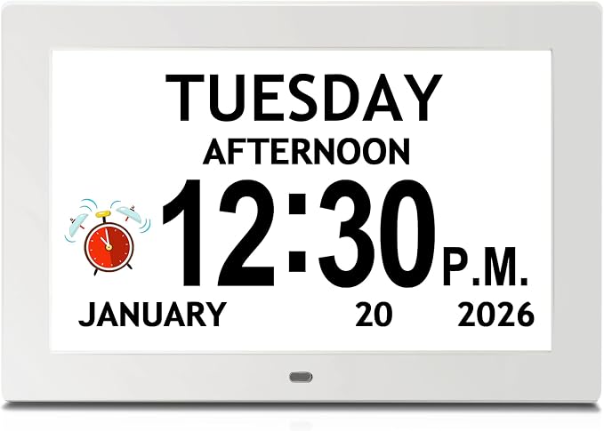 10.1'' Digital Clock With Date And Time, Large Display Dementia Alarm Clock | 1280*800P HD, Easy to See Date Time Day of Week, Reminders & Alarms, Auto DST, Gifts for Alzheimer Dementia Elderly, White