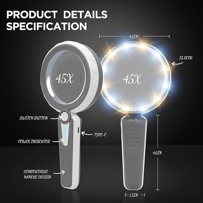 45X Magnifying Glass with Light for Reading – Large 4.6" Rechargeable LED Magnifier with 6 Color Modes, 1200mAh Battery – Magnifying Glass for Seniors, Close Work, Hobbies