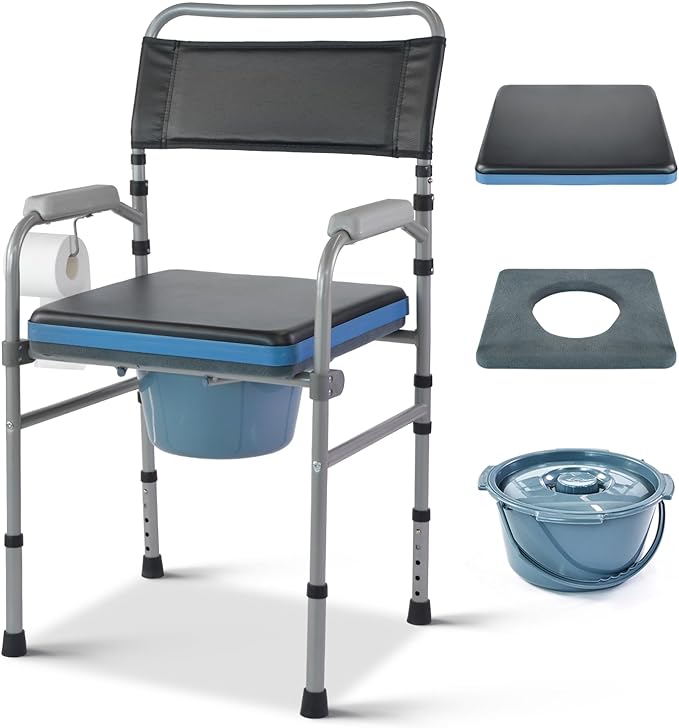 Folding Bedside Commode, Height Adjustable Toliet Chair for Seniors with Padded Seat and Arms, Portable Potty Shower Chair for Elderly Handicap Adult