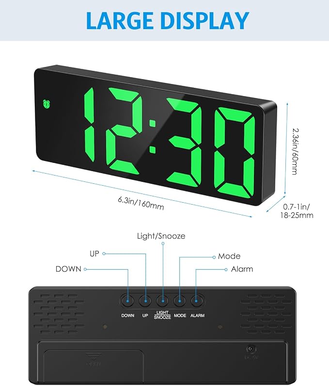 AMIR Digital Alarm Clock Large Display, LED Alarm for Bedroom, USB/Battery Powered Bedside Clock with Snooze, 12/24H, 3 Adjustable Brightness, Temperature, Electric Desk Clock for Home, Office, Green