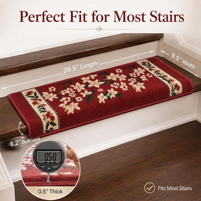 Rounded Bullnose Carpet Stair Treads for Wooden Steps Indoor, No Tape Non Slip Step Mats with TPU Backing & Steel Reinforced Edge for Dogs Elders,Red Floral,2