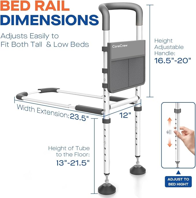 Bed Rails for Elderly Adults Safety: Bed Rails for Seniors with Motion Lights & Storage Pouch, Adjustable Bedside Grab Bar, Bed Cane with Strong Support Leg