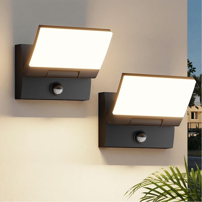 Motion Sensor LED Outdoor Wall Light 2-Pack, Rotatable Adjustable Head, IP65 Waterproof Porch Light for House Garage Patio, 3000K Warm White, Matte Black Aluminum Modern Sconce