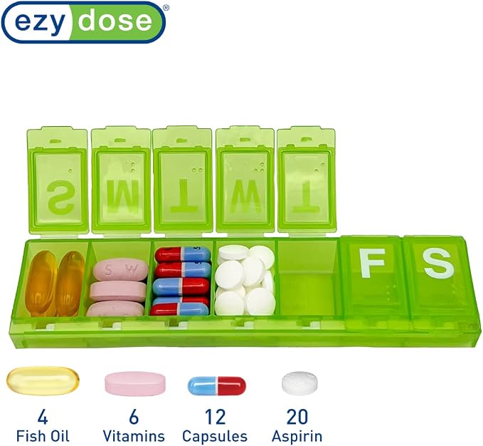 EZY DOSE Weekly (7-Day) Daily Pill Container, Medicine Planner, Vitamin Organizer, Large Locking Compartments Secure Prescription Medication and Prevent Accidental Spilling, Green, BPA Free