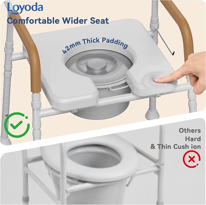 Bedside Commode for Seniors, 6.3 QT Removable Bucket & Splash Guard | 3-In-1 Potty Chair With Adjustable Height, Tool-Free Assembly, 350 Lbs Capacity, Portable Toilet For Adults & Post-Op Users