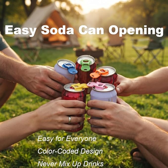 Soda Can Opener Set, 10PCS Easy Tab Opener and Drink Protector with Reusable Complete-Cover Plastic Can Toppers, Fits Coke, Beer & Aluminum Beverage Cans, 5 Colors Lids for Party, BBQ, Camping
