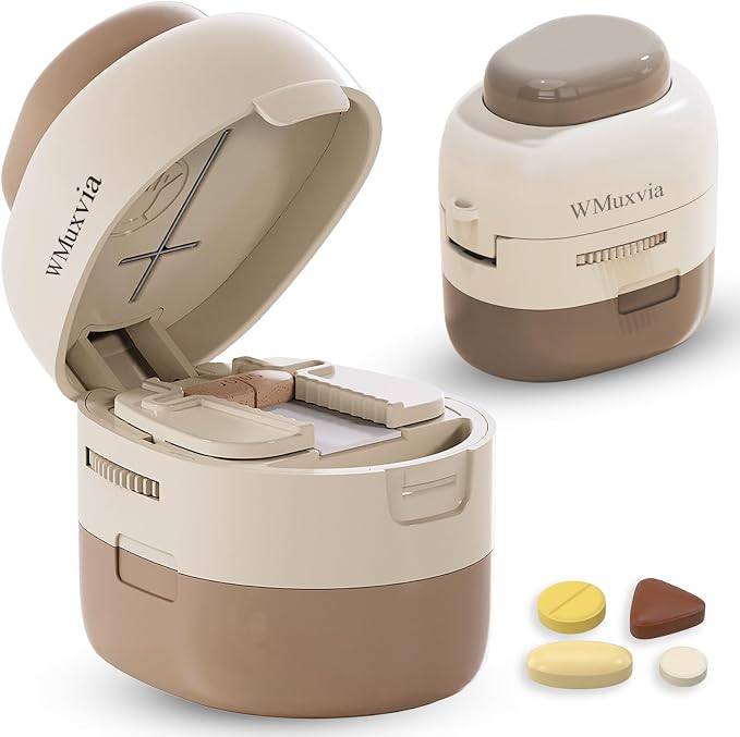 Pill Cutter Splitter with Storage Box, Adjustable Vertical Press Pill Splitter for Small/Tiny Pills Vitamins Tablets, 1/2 & 1/4 Precise Cutting, Hidden Sharp Blade, Multi-Pill Cutting Design