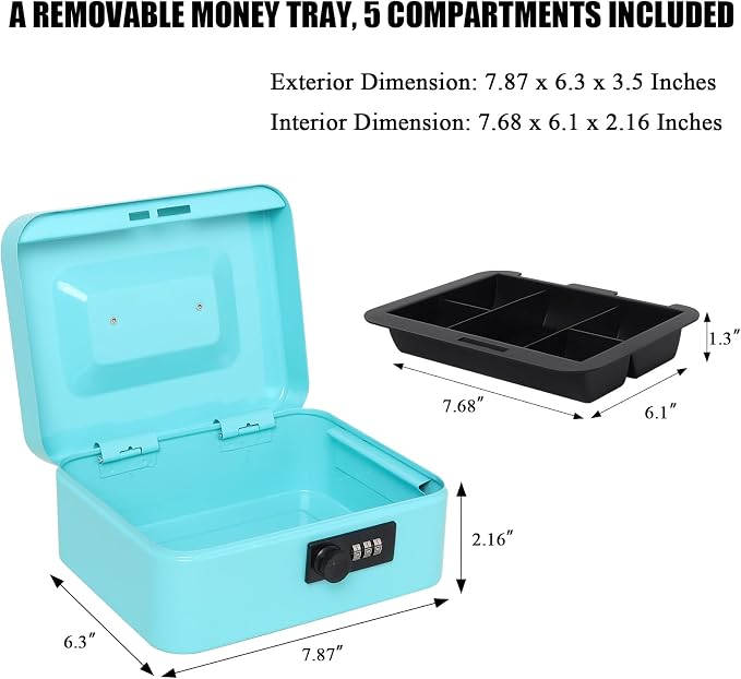 Jssmst Medium Cash Box with Combination Lock - Durable Metal Cash Box with Money Tray,light blue,7.87 x 6.3 x 3.35 inches