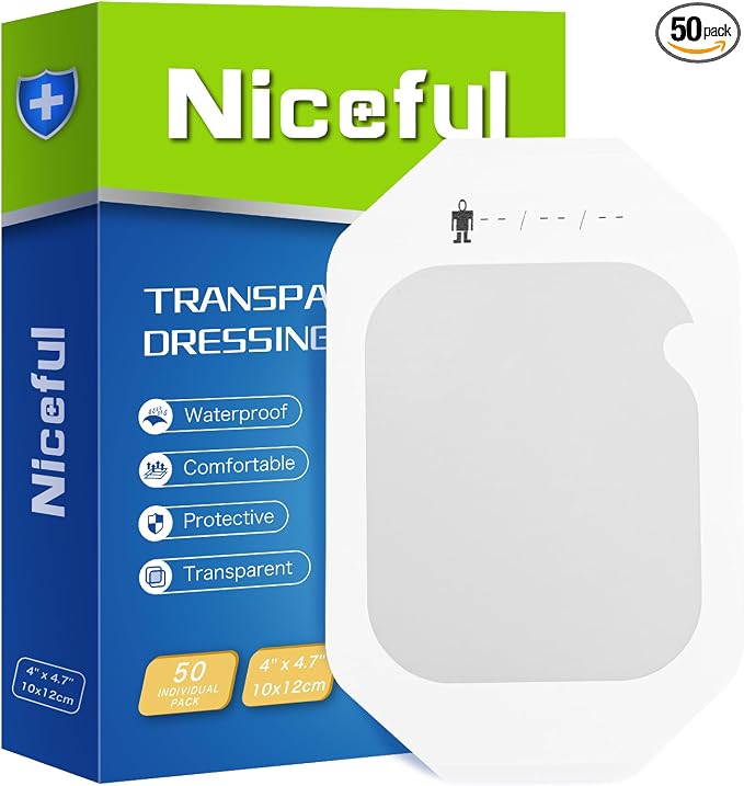 Niceful Transparent Film Dressing 50 Count-Clear Bandages for Wounds 4" x4-11/16, Waterproof Adhesive Wound Cover Bandages for Post Surgical Shower or IV Shield, Scar Therapy, Tattoo Dressings