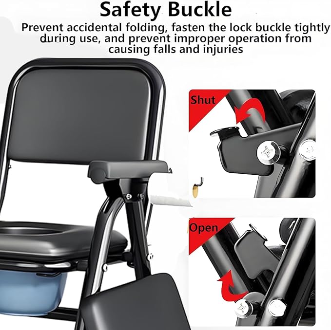 4-in-1 Folding Steel Bedside Commode Chair, Portable Toilet,Toilet Seat with Arms Handles and Back Support, Adults Potty Chair with Paper Roll Holder for Seniors, Disabled, and Pregnant (Black)
