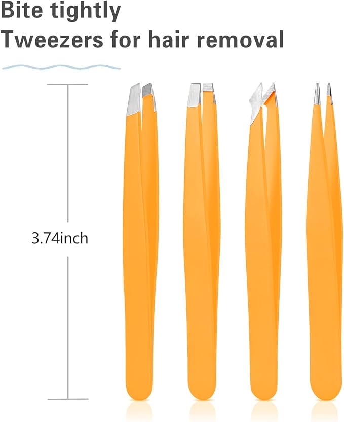 Derlaier Tweezers Set Professional High Precision Stainless Steel Eyebrow Remover Ingrown Hair & Splinter Removal Kit Facial Hair Grooming Tools for Men Women Orange 4 Pcs
