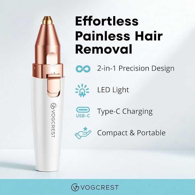 Rechargeable Eyebrow and Facial Hair Remover for Women - 2 in 1 Razor with Built-in LED Light for Painless Hair Removal