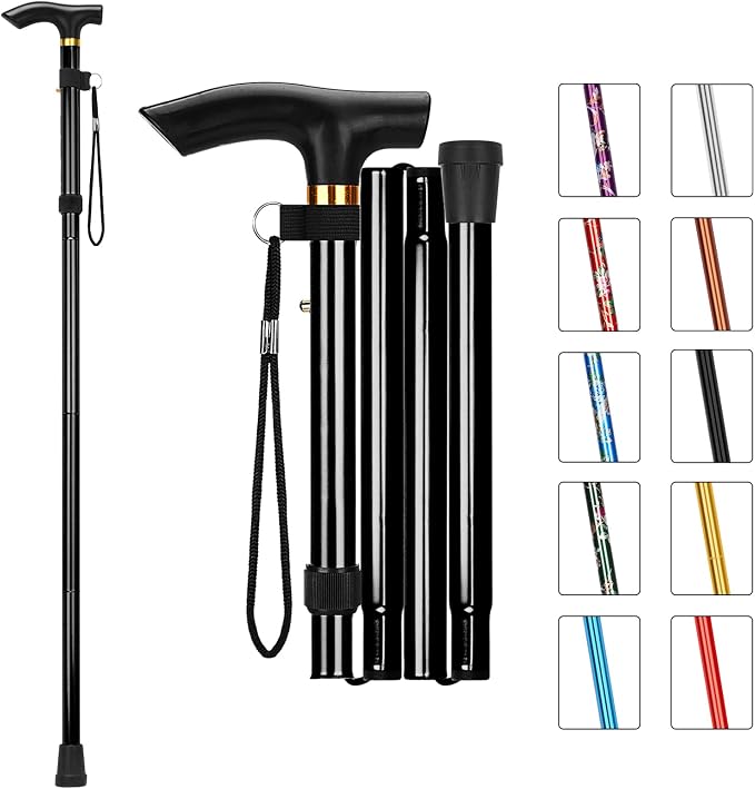 MFE Folding Cane, Portable 5-Level Adjustable Height Walking Stick with Foldable Design, Wrist Strap, and T Handle for Men and Women