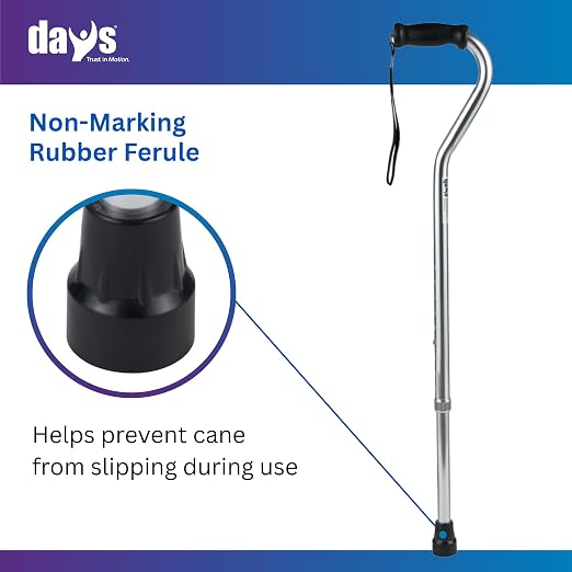 Days Standard Bariatric Offset Cane, Bariatric Cane with Rubber Tip, Heavy Duty Walking Cane for Weight Bearing, Limited Mobility Aid for Elderly, Tall & Heavy Adults, Silver with Black Handle