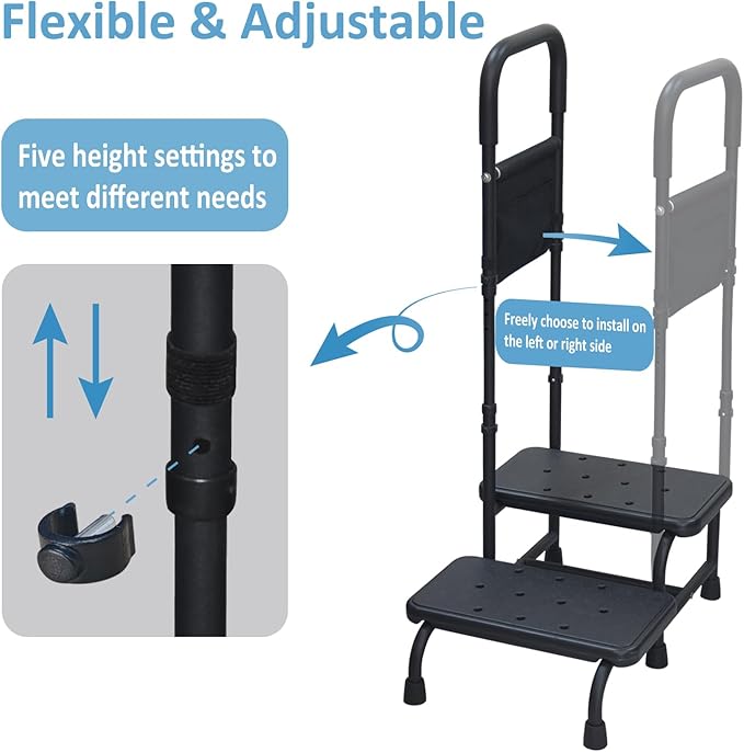 2 Step Stool with Handle for Elderly Adults, Portable Footstool Bed Steps for High Beds, Two Step Stools for Seniors with Adjustable Handrail Non-Skid Platform, Foot Stool for Kitchen Bathtub (Black)