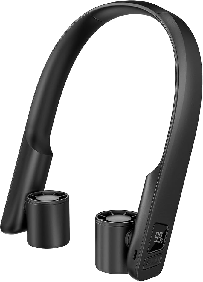 FrSara Portable Neck Fan that Blows Cold Air Rechargeable, Personal Battery Powered Cooling Device with USB TYPE-C, LED Display, Light, 3-Speed, 3000mAh, Ideal Present for Women, Men, Travel, Black
