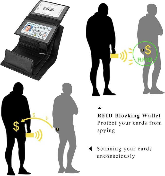 Trifold Billfold RFID Blocking Cowhide Leather Wallet for Men 10 Card Slots 2 ID Windows with Coin Pocket