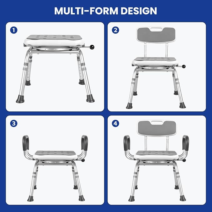 Deluxe Swivel Shower Chair with Arms & Back by CZMY, 360° Locking Seat, 5-Level Height Adjustable, Padded Heavy-Duty Bath Chair, 300 lbs, for Seniors, Elderly, Handicap & Disabled
