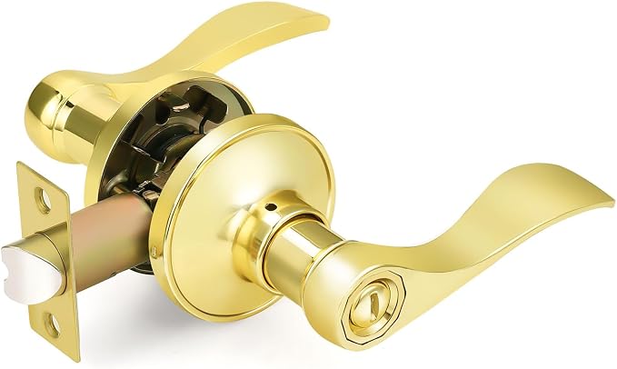 Gobrico Universal Wave Style Lever Door Knob Handle Pull Lock Privacy for Bedroom and Bath, Polished Brass,1pack