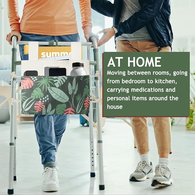 Walker Bag, Washable Walker Accessories Storage Bags with Cup Holder, Handy Walker Basket Pouch Tote Bag for Folding Walker, Wheelchairs, Strollers (Green Seaweed)