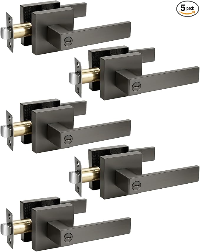 KNOBWELL 5 Pack Door Handles Gunmetal Black Interior Door Levers for Bed and Bath Keyless Bedroom Doorknob with Lock