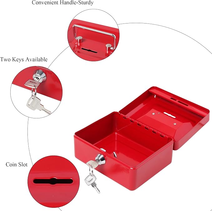 Jssmst Small Lock Cash Box, Locking Money Box for Kids with Slot on Top, Red Lock Box, 5.91 x 4.72 x 2.95 inches, CB003-R