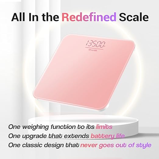 Ovutek Bathroom Scale for Body Weight, Highly Accurate Digital Weighing Machine for People, Upgraded Batteries Included, Compact Size, LED Display, High Standards Sturdy Tempered Glass, 400lb, Pink