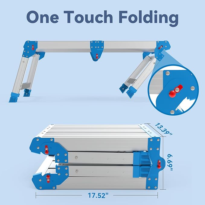 Work Platform 500 Lbs, Foldind Step Stool with One-Touch Automatic Fold, 4 Height Adjustment Step Platform, Perfect for RV Cleaning, Home Painting and Reaching High Places, Larger, Blue