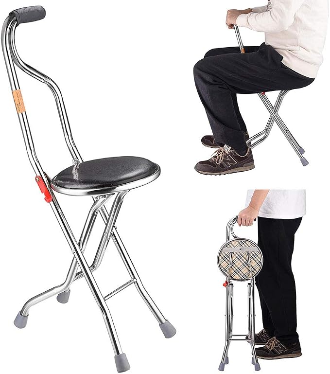 Folding Walking Stick with 9" Padded Seat Portable Stainless Steel Quadripod Support Cane Chair Stool with Anti-Slide Feet for Elderly Limited Mobility Physical Rehabilitation(Quadripod Cane Stool)