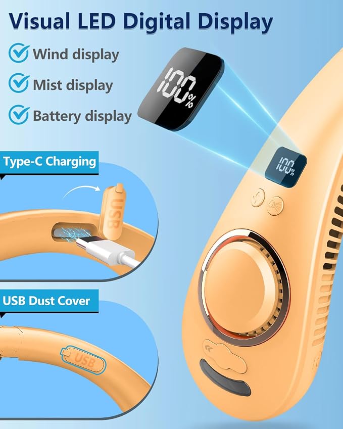 Neck Fan that Blow Cold Air with Mist Spray, Rechargeable with Long Battery Powered, Foldable Water Cooler with LED Display, Leafless Necklace Fans for Women Adult Hot Flashes Summer Outdoor, Apricot