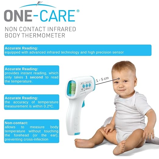 ONE-CARE Infrared Thermometer HTD8818A, Non-Contact, Forehead & Room | Homedics Thermometer, High Accuracy, Fast Reading, Body & Room Temp, Newborn Baby to Adult, Fever Alarm, Large Display