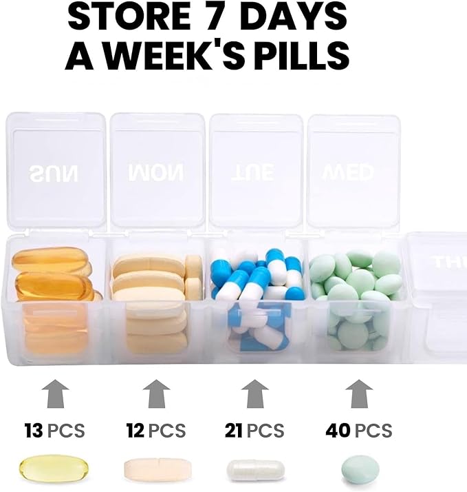 Sukuos Extra Large Weekly Pill Organizer, 7 Day Daily Pill Box Case Arthritis Friendly, Silkscreen Printed Medicine Container with Clear Lid for Vitamins, Fish Oils or Supplements (White)