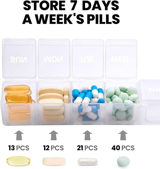 Sukuos Extra Large Weekly Pill Organizer, 7 Day Daily Pill Box Case Arthritis Friendly, Silkscreen Printed Medicine Container with Clear Lid for Vitamins, Fish Oils or Supplements (White)