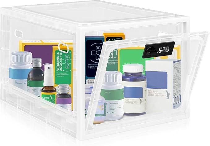 Medication Lock Box with Code, 12.6L Large Lockable Storage Box for Medicine, Snacks, Phone, and Electronics - BPA-Free, Clear Design with Charger Holes for Home, Office, Dorm, and Fridge