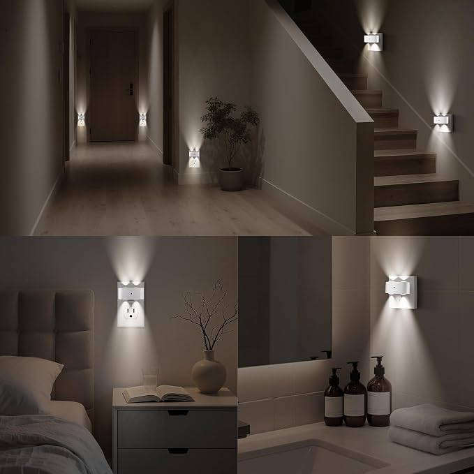 4 Pack Night Light, Plug-in Wall NightLights with Rotatable, Dusk to Dawn Sensor Auto On/Off, 5000K Daylight 100 Lumens, for Hallway Living Room Kitchen Garage Stairway