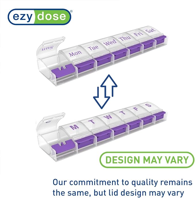 EZY DOSE Weekly (7-Day) AM/PM Daily Pill Organizer, Vitamin Case, and Medicine Container, X-Large Compartments, Arthritis Friendly, Convenient with Effortless Portability, Clear/Purple Lids, BPA Free