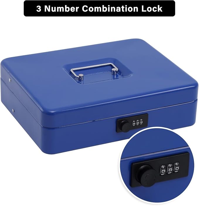 xydled Metal Cash Box, Cash Box with Money Tray and Combination Lock, Storage Box, Blue,4 Bill / 5 Coin Slots,11.8" x 9.5" x 3.5",Blue