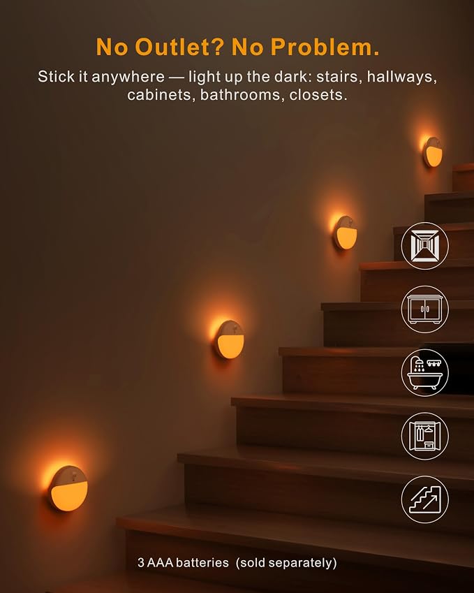 Small Motion Sensor Amber Night Light Battery Operated, Toilet Light | 2 Pack, 3 Modes, Dimmable 1-15lm, Dim Light Soft Glow, No Plug, Wireless Stick on Light for Bedroom, Sleep, Bathroom, Kids