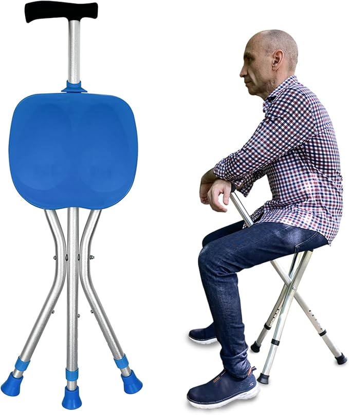 Portable Adjustable Folding Walking Cane with Seat Allows Durability While Walking and Convenience for Sitting, Alloy Crutch Chair, Anti-Slip Lightweight Walking Stick for Seniors