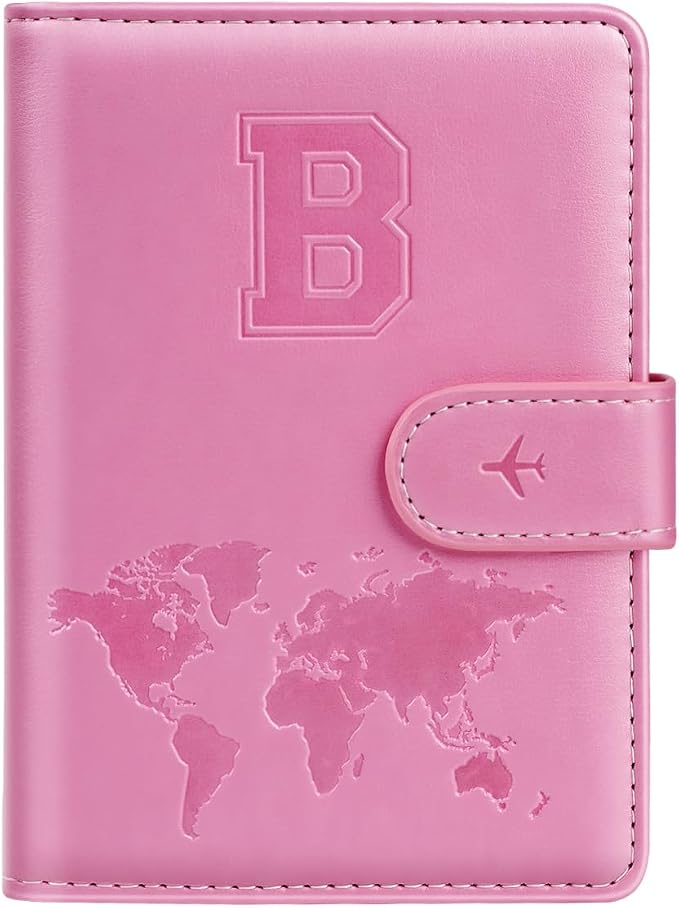 Passport Holder Cover Initial Letter A-Z Travel Wallet Personalized | Travel Essentials, Embossed Design, RFID Blocking, Personalized Gift, Passport Book Holders for Women Girls, Pink-B