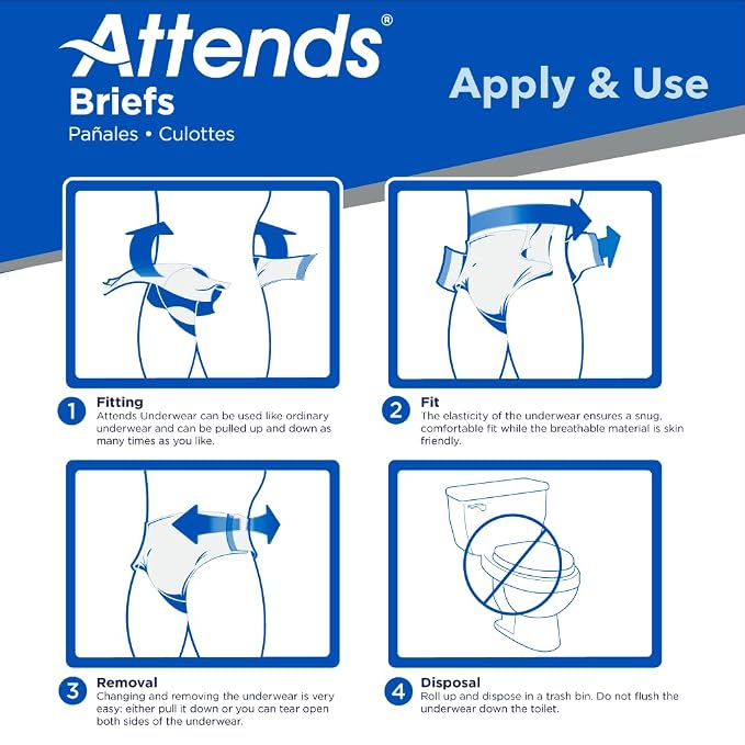 Attends Adult Incontinence Disposable Briefs, Medium, 32"-44" Waist with SecureGrip Tab Closure, Extra Heavy Absorbency with Super Absorbent Core and Breathable Side Panels, 24ct Bag