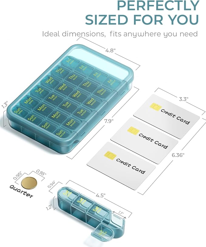 Odaro Weekly Pill Organizer 4 Times a Day, BPA Free Daily Pill Box 7 Day, Large Travel Pill Case with 28 Compartment to Hold Medicine, Vitamin and Supplement - Dark Blue