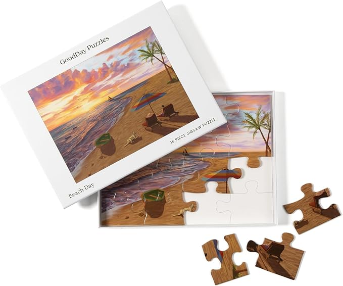 Large Piece Jigsaw Puzzle – Easy & Colorful, Dementia & Memory Activities for Seniors, Elderly Gifts, 16 Pieces, Beach Day