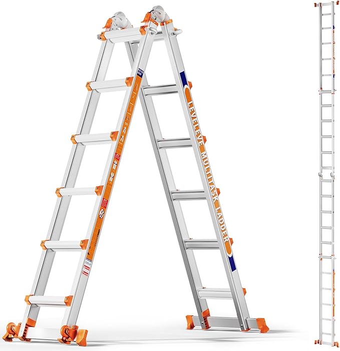LEVELEVE Telescoping A Frame Ladder, 20FT Multi Position Ladder with Stabilizer Bar & Wheels,330 lbs Security Load for Stairs Home Indoor Outdoor Roof