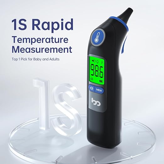 Femometer Family Ear Thermometer for Adults and Kids, Blue | 1s Fast Accurate Reading, 30-Memory Recall, 3-Color Fever Alert, ℃/℉ Switchable, Silent Mode, with 24 Disposable Probe Covers