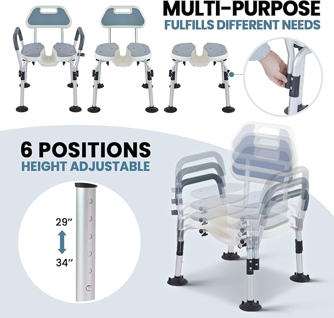 Shower Chair, U Shape Shower Chair with 6-Level Adjustable, Non-Slip Feet for Private Washing, Elderly, Disabled, Seniors & Pregnant，Heavy Duty Shower Chair