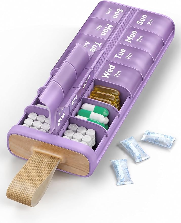 AM PM Pill Organizer 7 Day, 2 Times a Day Weekly Pill Box with Moisture-Proof Desiccant, Compact Easy-Open Medicine Case for Vitamins, Supplement