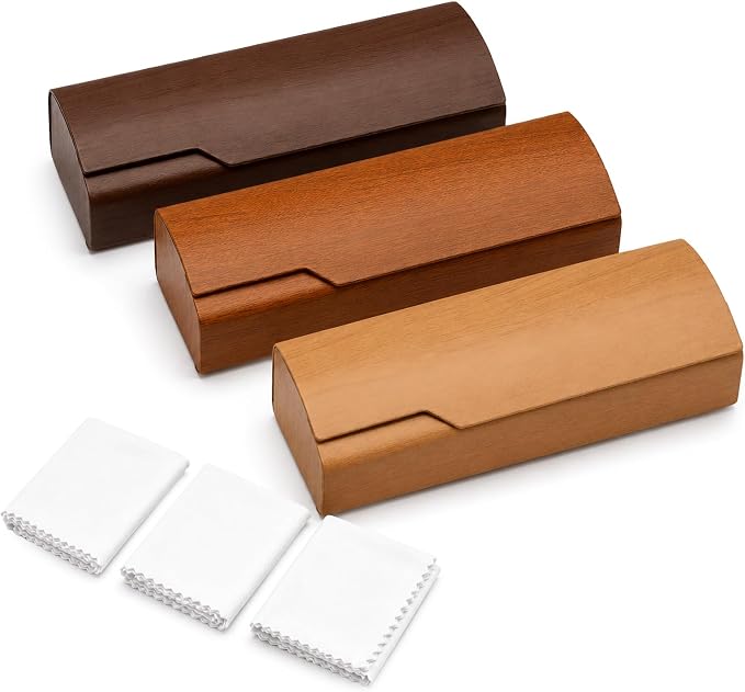 3 Pack Glasses Case Hard Shell, Wood Grain Cases with Cleaning Cloths | Flocked-Lining Eyeglass Cases for Standard Eyeglasses, Reading Glasses and Small to Medium Sunglasses, Men Women