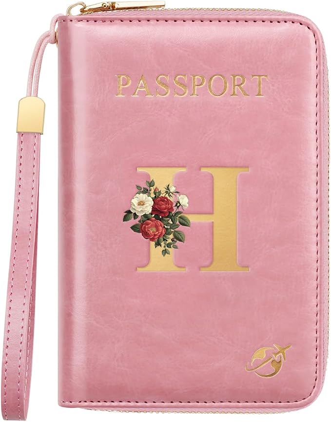 Passport Holder for Travel Personalized Wallet with Wristlet Women | All-in-One Passport Cover, RFID Blocking, Back Coin Pocket, Paper Money Slot, Zipper Closure, Roses Initial Letter, Pink H